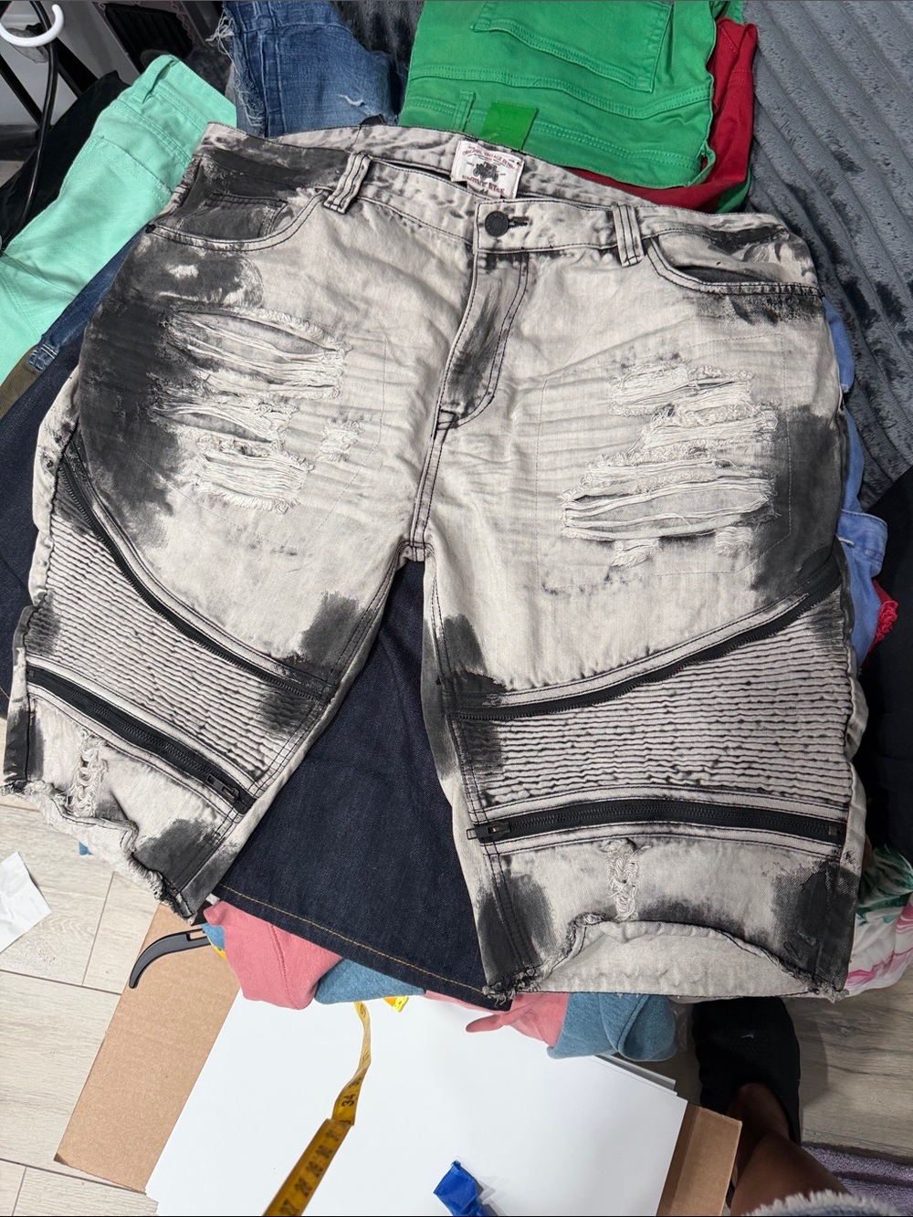 Men's Black & White Distressed Cargo Shorts